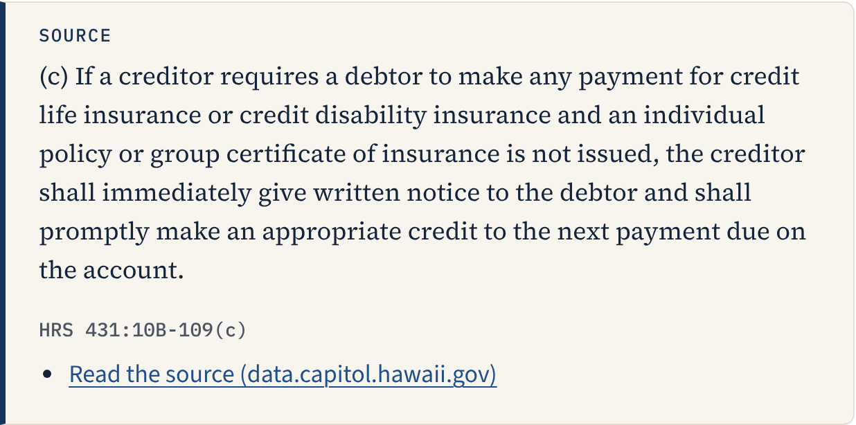 The source box for that question: the quoted Hawaii law, its citation, and a link to read it.