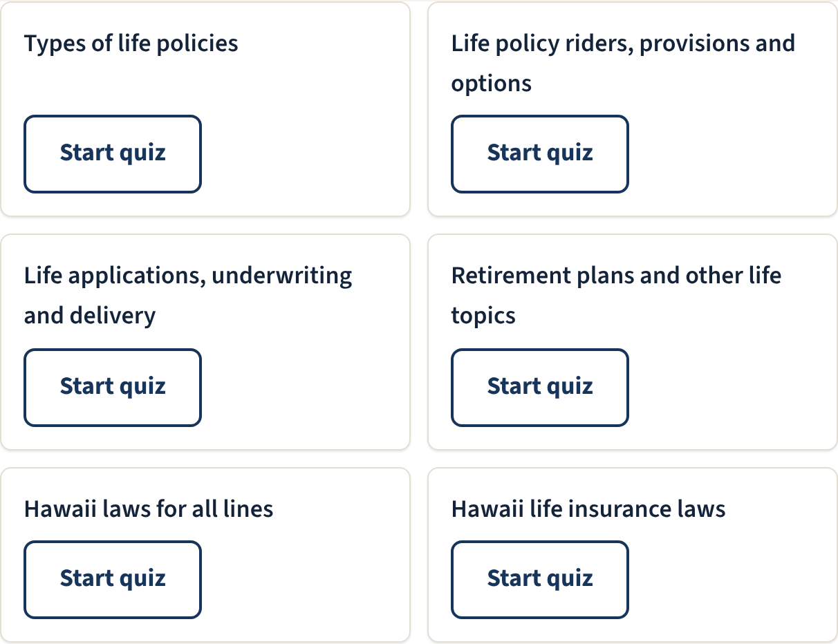 The mini quiz list on the Hawaii dashboard, one card per exam topic including Hawaii laws for both exams and Hawaii life insurance laws, each with a Start quiz button.