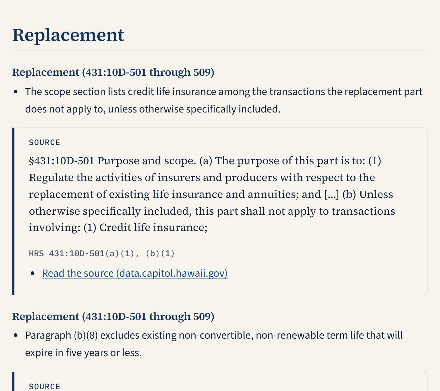 The study guide for Hawaii life insurance laws: a key point with the quoted Hawaii law, its citation and a link.