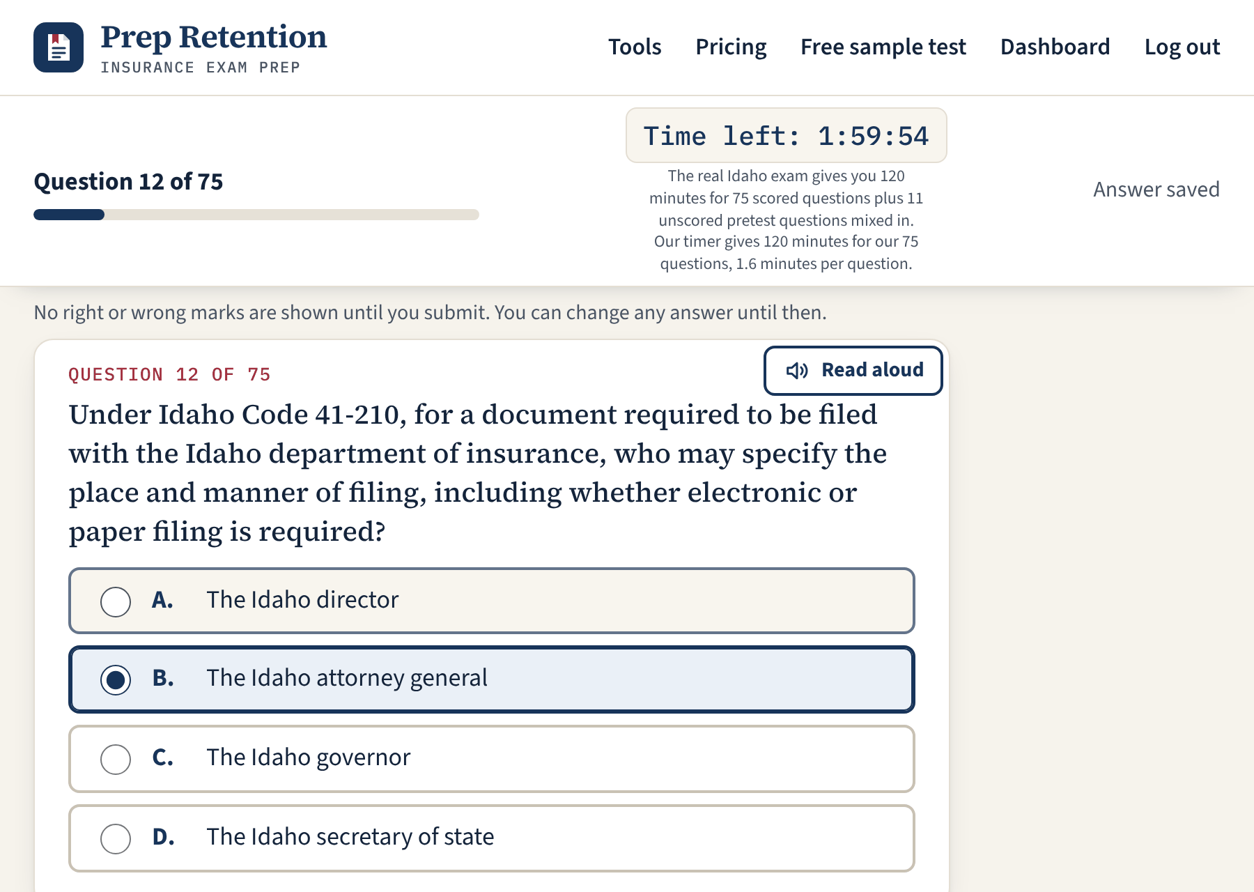 A Idaho practice exam in progress: question 12 of 75, with a running timer and one choice selected.