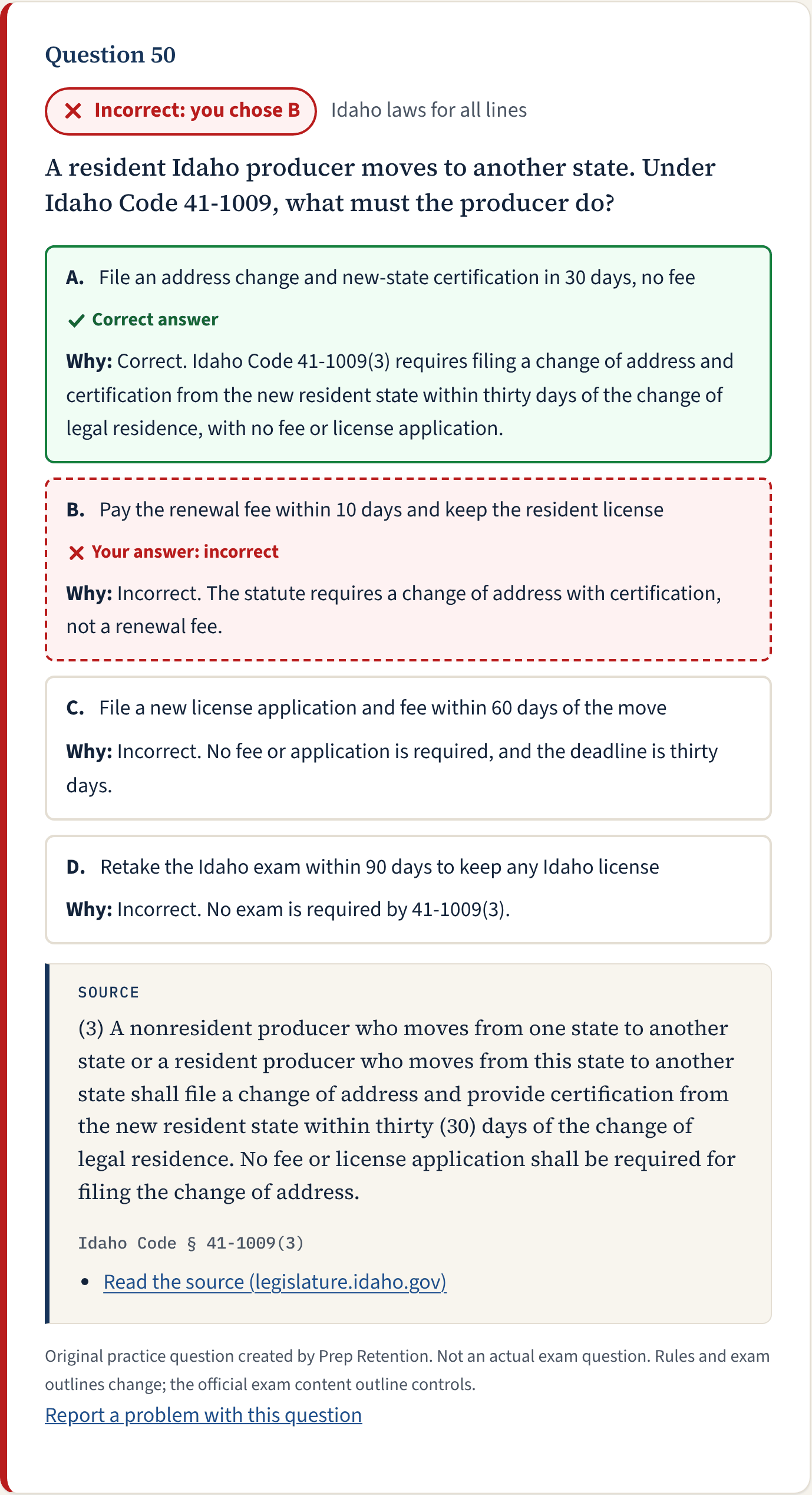 A submitted Idaho law practice question with the correct answer marked, an explanation for each choice and the quoted Idaho law it comes from.