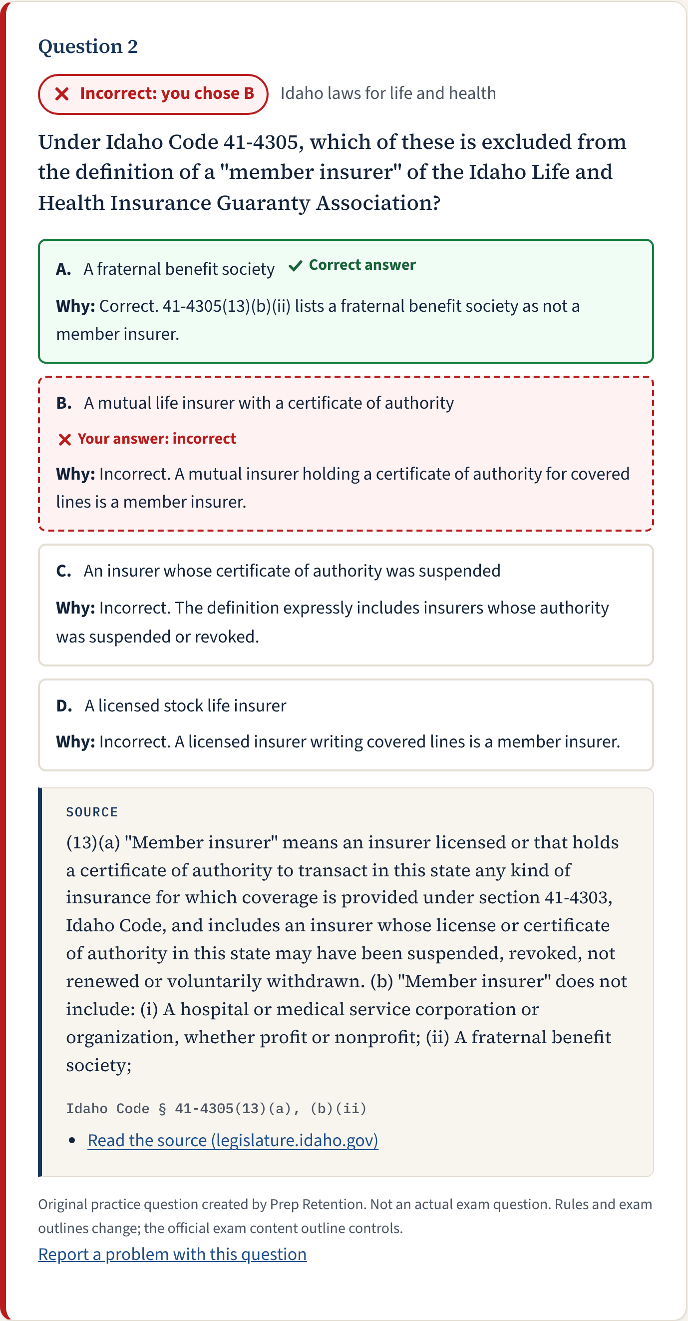 A results card: the chosen answer marked Incorrect, the correct answer marked Correct, explanations for each choice and a source box with the quoted law.
