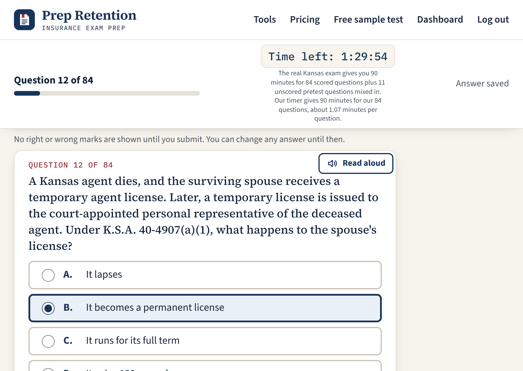 A Kansas practice exam in progress: question 12 of 84, with a running timer and one choice selected.