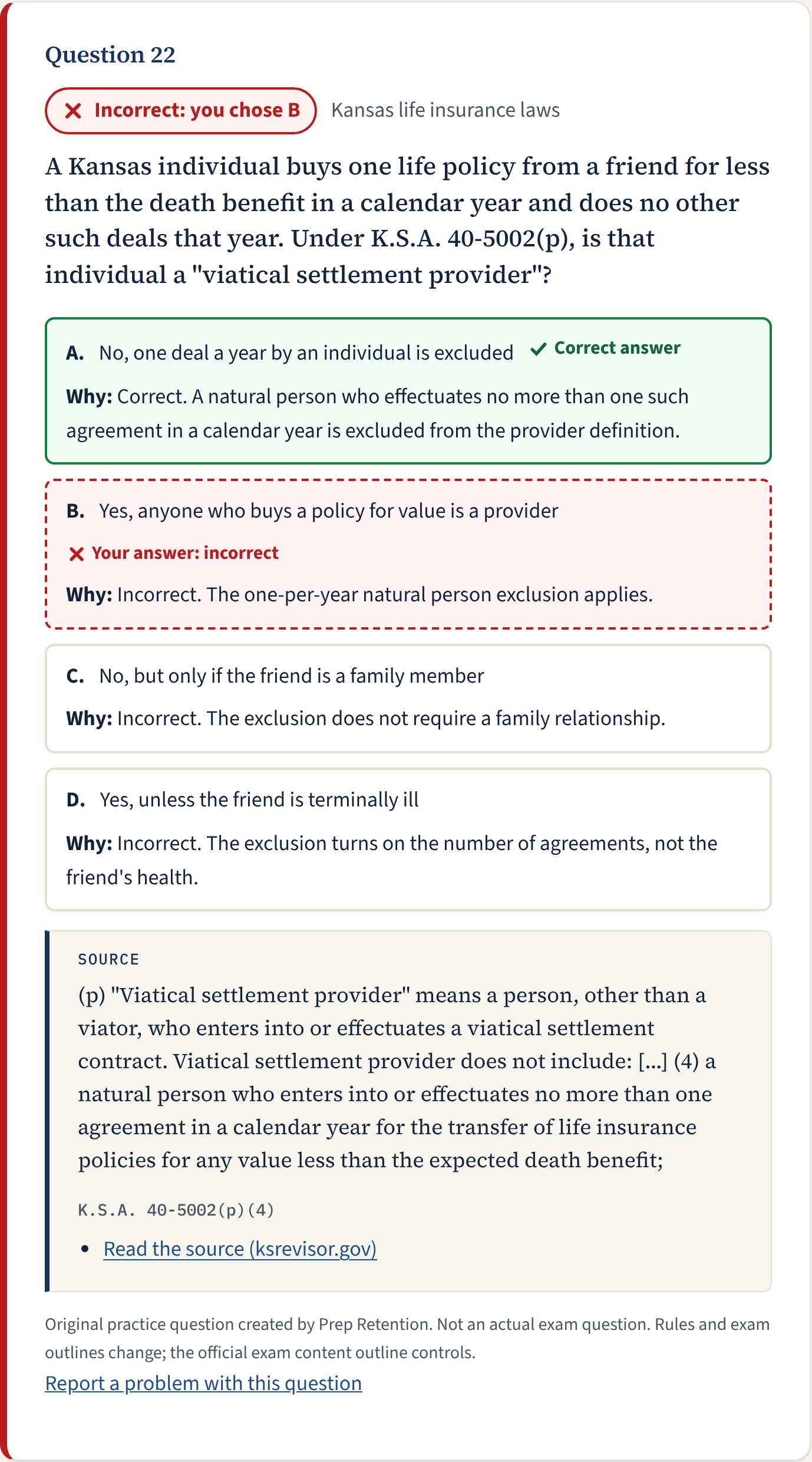 A submitted Kansas law practice question with the correct answer marked, an explanation for each choice and the quoted Kansas law it comes from.