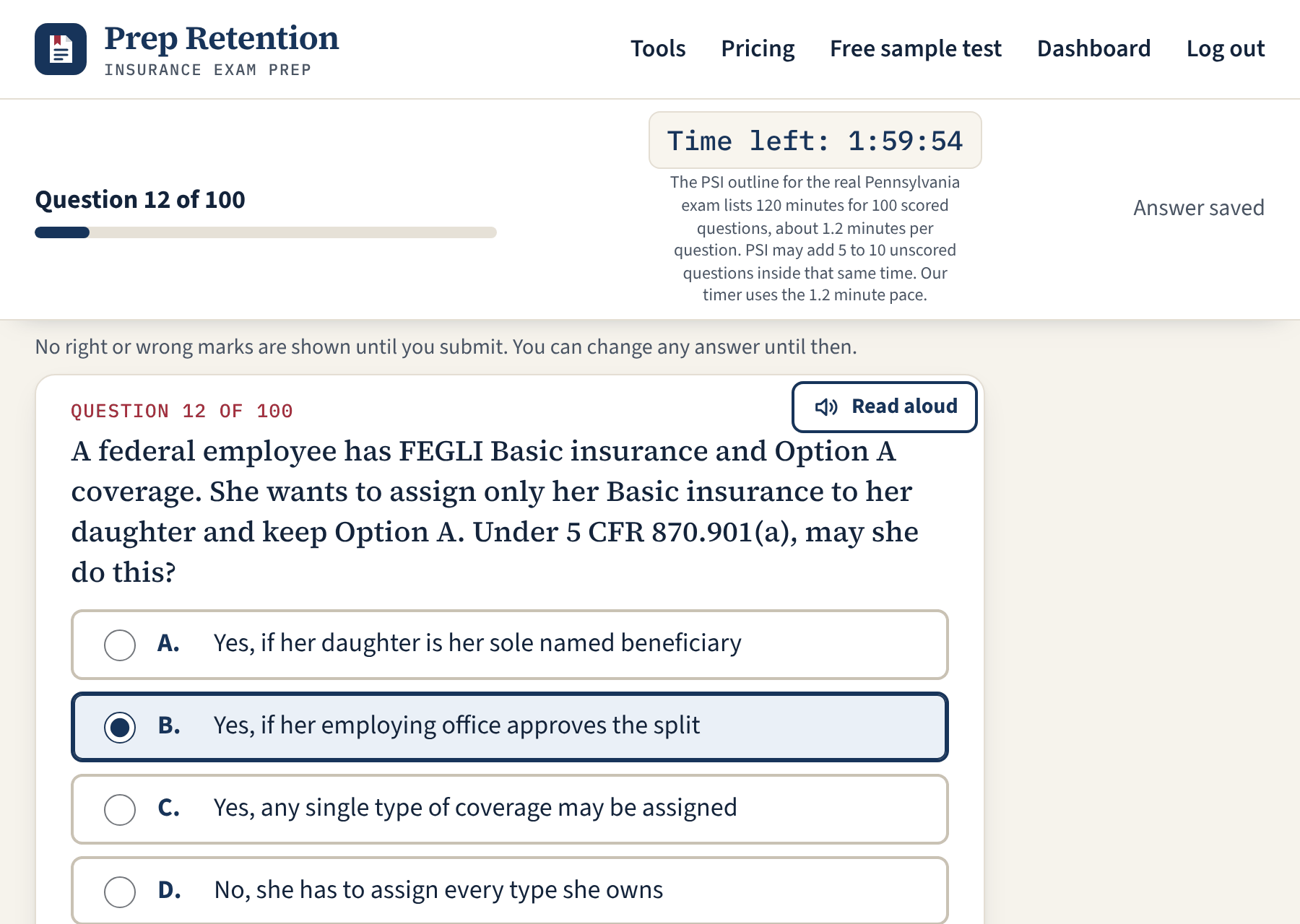 A Pennsylvania practice exam in progress: question 12 of 100, with a running timer and one choice selected.