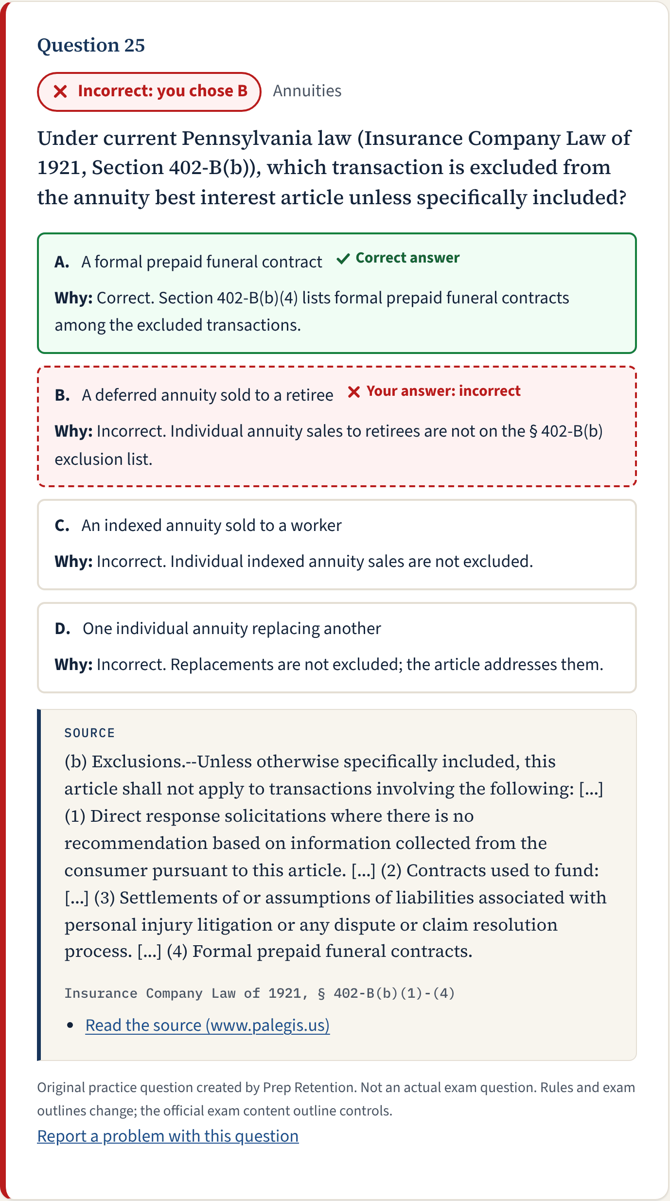 A submitted Pennsylvania law practice question with the correct answer marked, an explanation for each choice and the quoted Pennsylvania law it comes from.