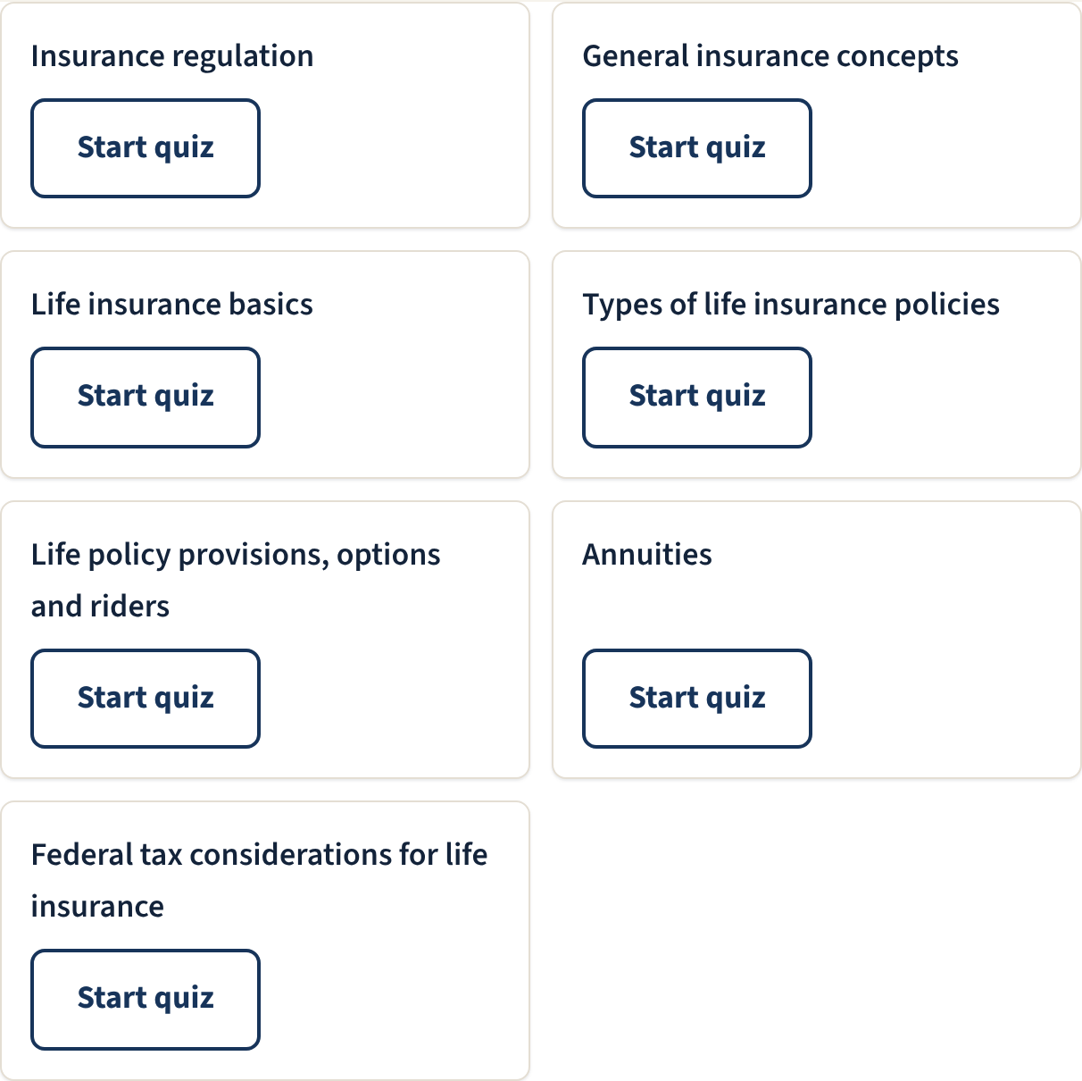 The mini quiz list on the Pennsylvania dashboard, one card per PSI outline section of the Life exam, each with a Start quiz button.