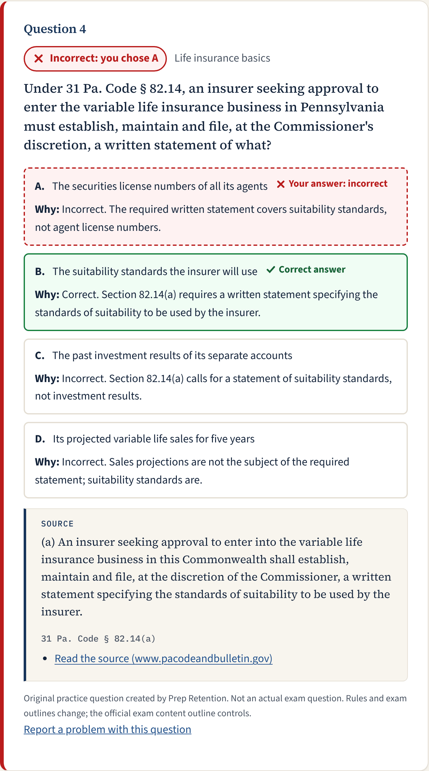 A results card: the chosen answer marked Incorrect, the correct answer marked Correct, explanations for each choice and a source box with the quoted law.