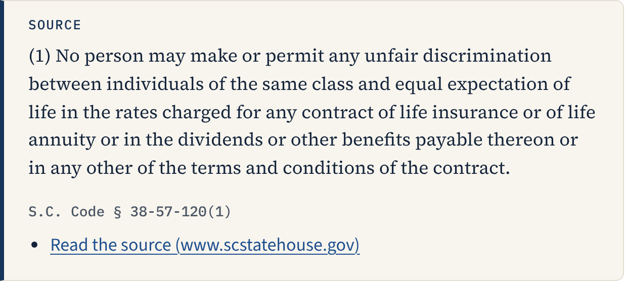 The source box for that question: the quoted South Carolina law, its citation, and a link to read it.