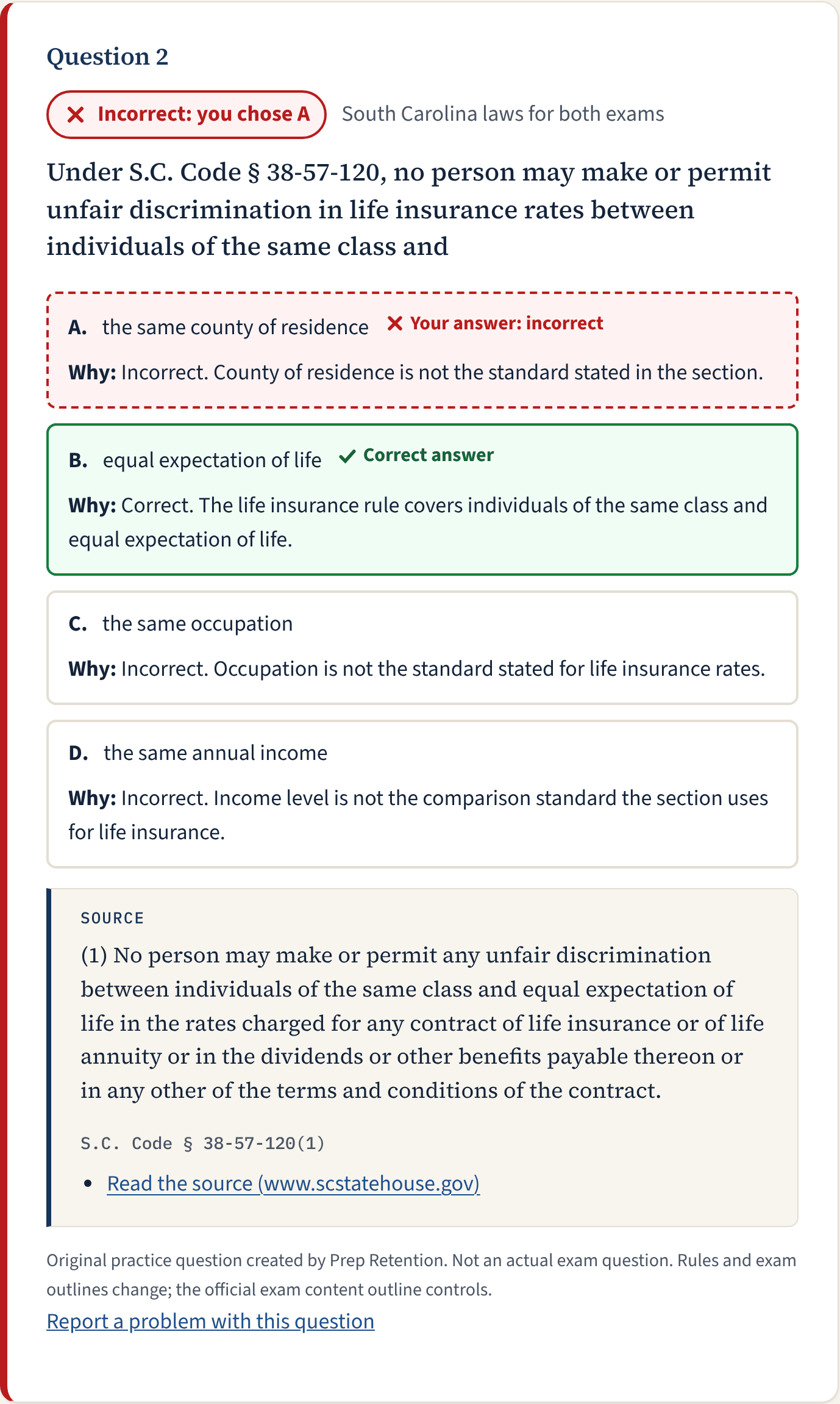 A submitted South Carolina law practice question with the correct answer marked, an explanation for each choice and the quoted South Carolina law it comes from.