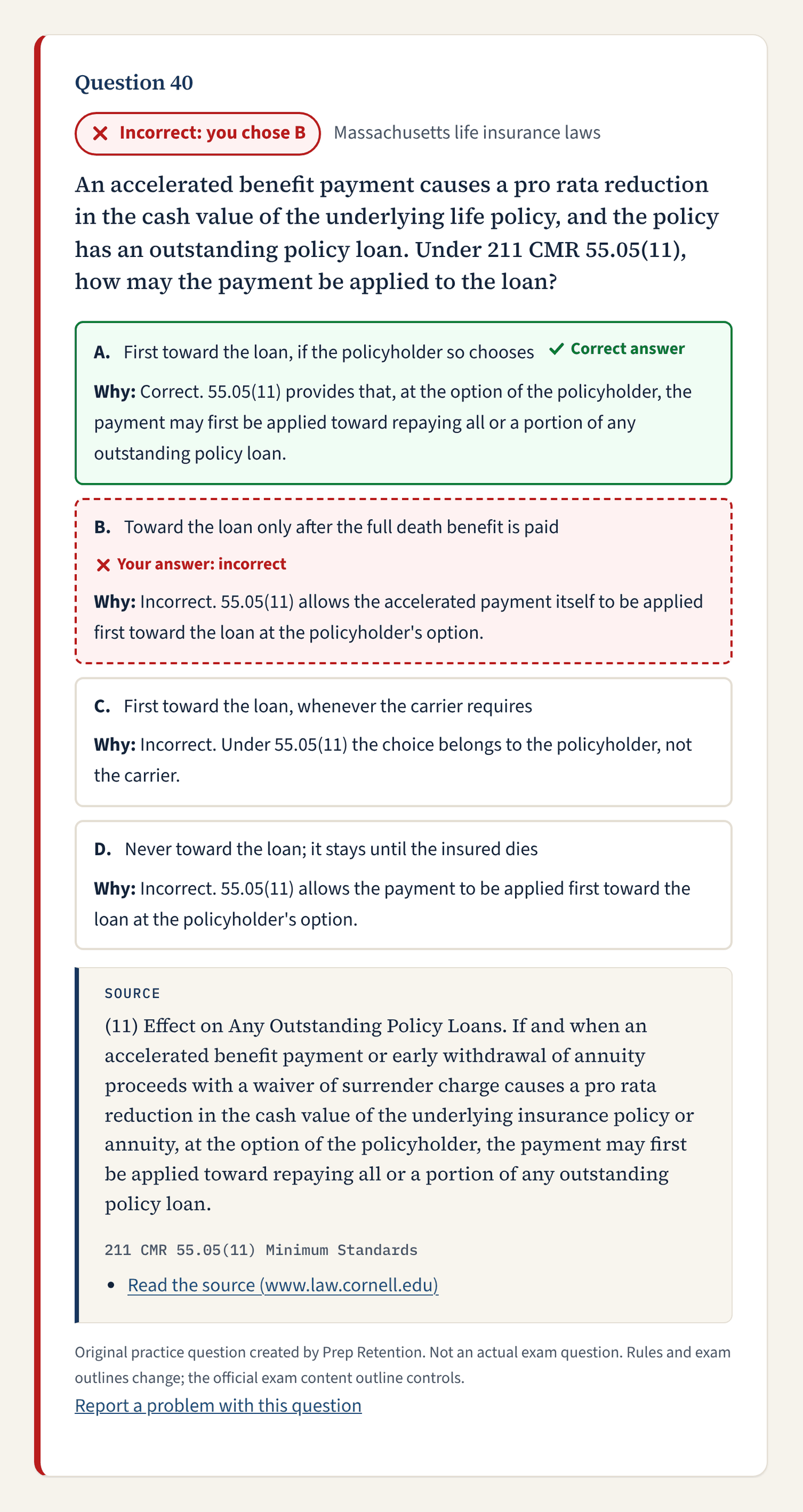 A results card from the full version with the correct answer marked, an explanation for each choice and a quoted source.