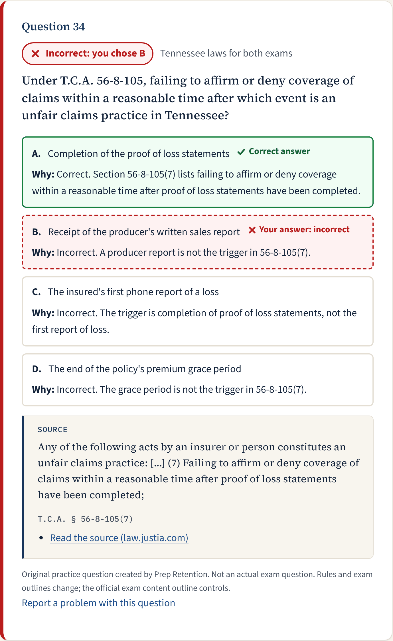 A submitted Tennessee law practice question with the correct answer marked, an explanation for each choice and the quoted Tennessee statute it comes from.
