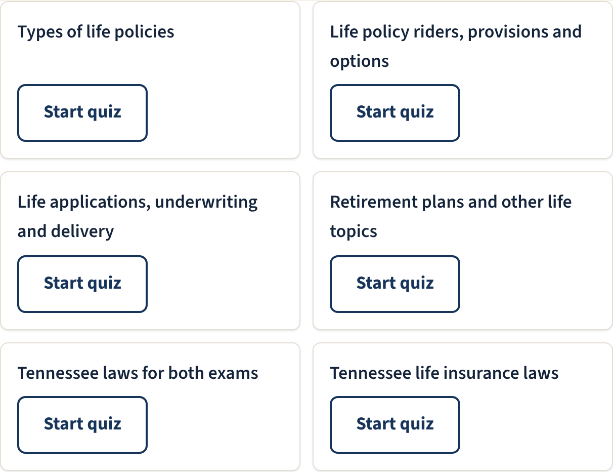The mini quiz list on the Tennessee dashboard, one card per exam topic including Tennessee laws for both exams and Tennessee life insurance laws, each with a Start quiz button.