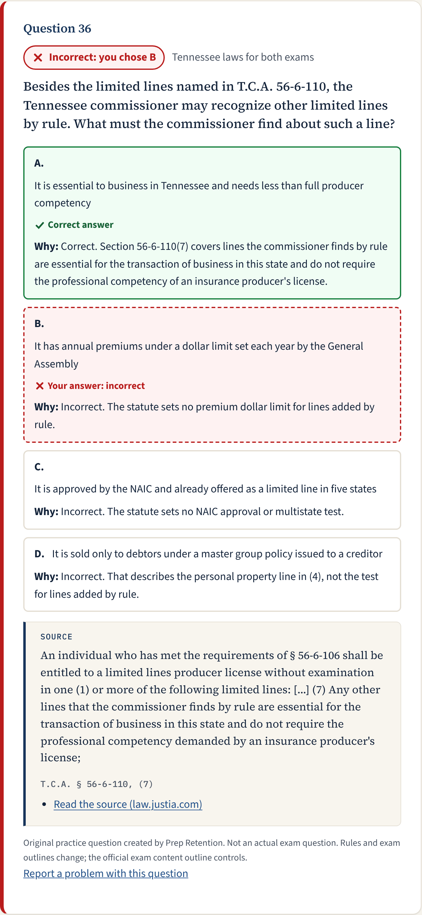 A results card: the chosen answer marked Incorrect, the correct answer marked Correct, explanations for each choice and a source box with the quoted law.