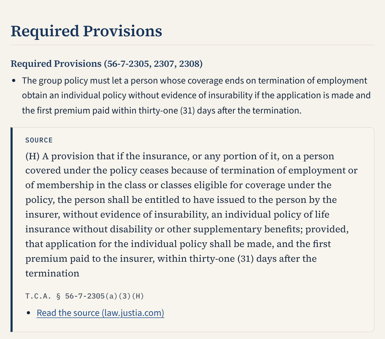 The study guide for Tennessee life insurance laws: a key point with the quoted Tennessee statute, its citation and a link.
